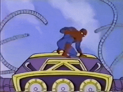 a cartoon of spider-man standing on top of a purple vehicle .