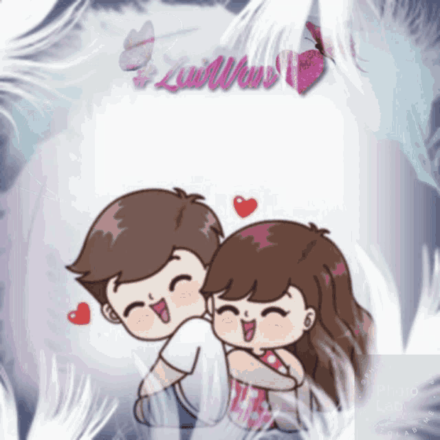 a cartoon of a boy and a girl hugging with a butterfly in the background that says " zuillwu "
