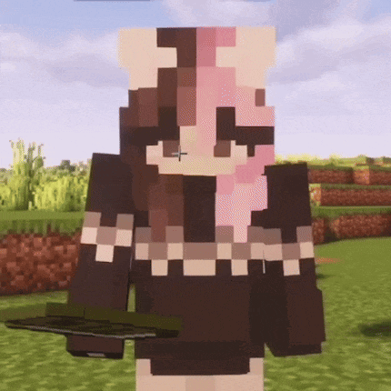 a girl in a sweater is standing in a field in a minecraft game .
