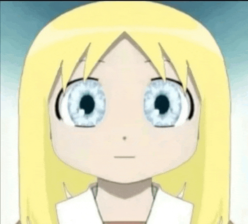 a cartoon girl with blonde hair and blue eyes is looking at the camera .
