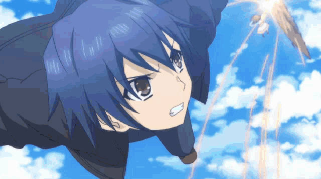 a blue haired anime character is flying in the air