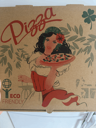a cardboard box with a woman holding a pizza and the word pizza on it