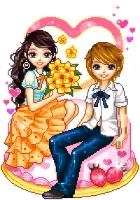 a pixel art of a boy and a girl sitting on top of a cake