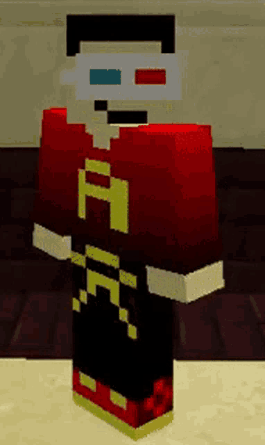 a minecraft character wearing 3d glasses and a red shirt