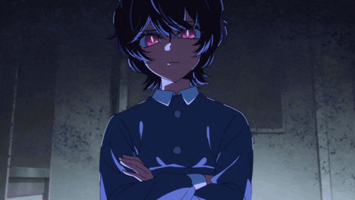 a cartoon character with red eyes and a blue shirt