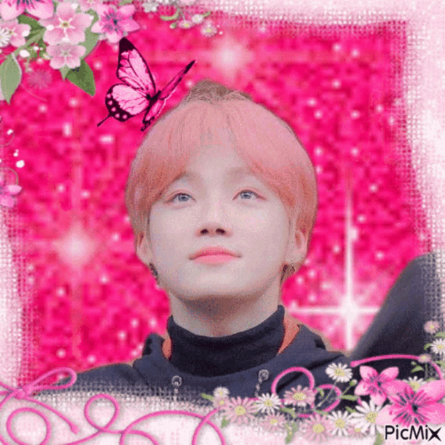 a boy with pink hair is surrounded by pink flowers and a pink butterfly .