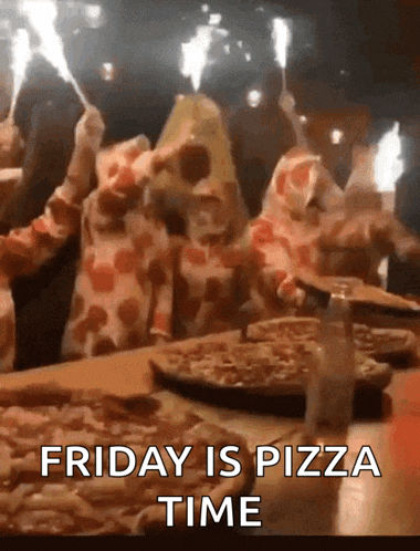 a group of people dressed in pizza costumes are holding sparklers and eating pizza ..