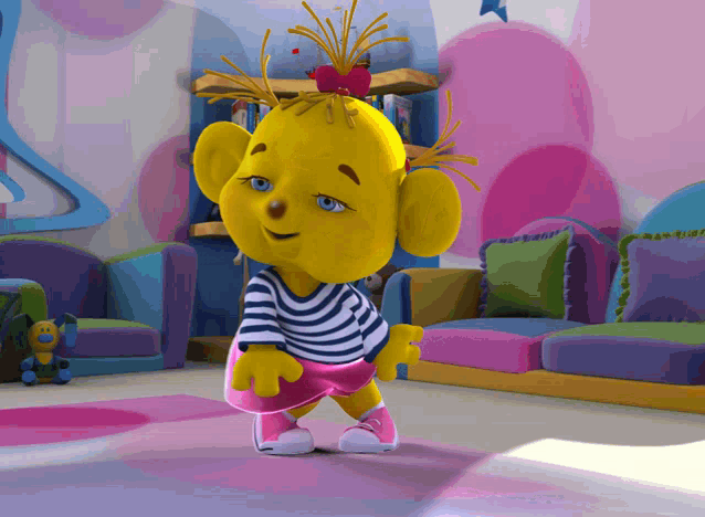 a yellow cartoon character wearing a striped shirt and shorts