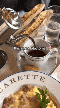 a person is pouring coffee into a cup that says carette