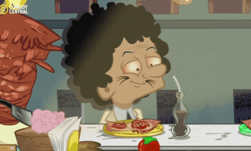 a cartoon of a man sitting at a table with a plate of food and a cowboy central logo