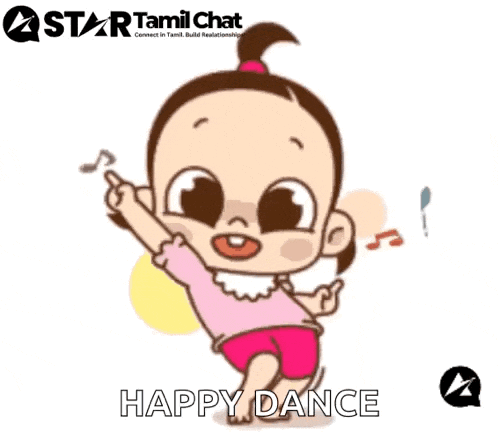 a cartoon of a baby girl dancing with the words happy dance written below her .