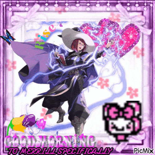 a picture of a witch holding balloons with the words good morning to merrily specifically