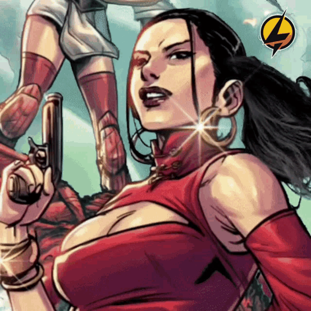 a cartoon of a woman holding a gun with a lightning bolt in the background