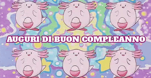 a birthday card with a bunch of pink cartoon characters and the words auguri di buon compleanno
