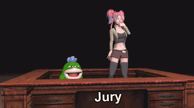 a woman stands in front of a wooden desk with the name jury on it