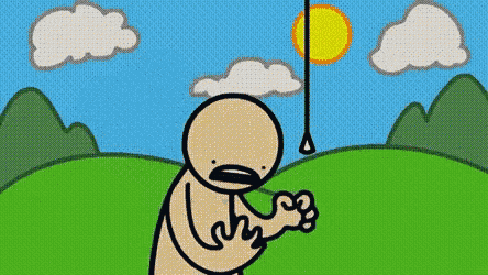 a cartoon of a man holding a rope in front of a sun