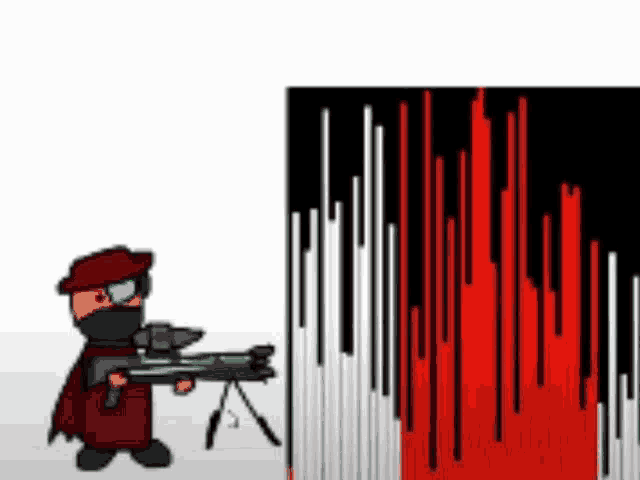a cartoon character is holding a gun in front of a wall with red and black lines .