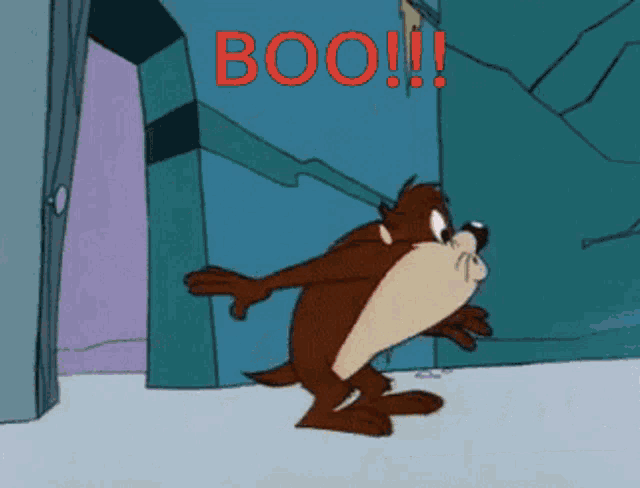 a cartoon character says boo in red