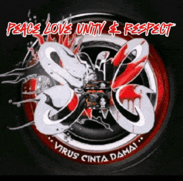 a peace love unity and respect poster with a red white and black design