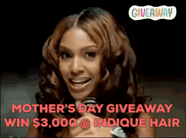 a woman is smiling with the words mother 's day giveaway win $ 3,000 @ indicque hair below her