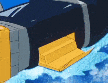 a cartoon drawing of a boat in the water with a yellow staircase leading up to it .