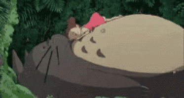 a cartoon character is sleeping on top of a totoro .