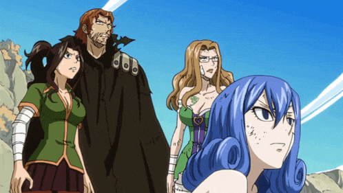 a group of anime characters are standing next to each other and one of them has blue hair