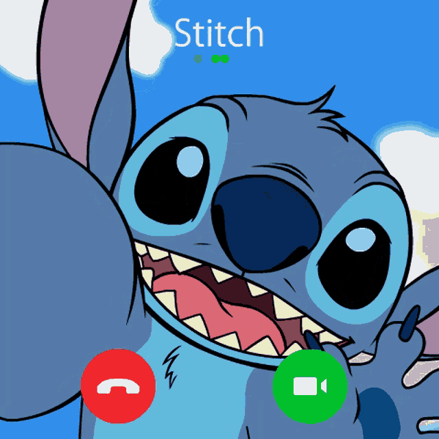 stitch is talking on a cell phone with a green video button
