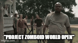 a group of zombies are walking in front of a house and a man is standing in the foreground .