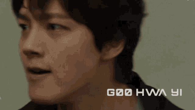 a close up of a person 's face with the word goohwa yi written on the bottom