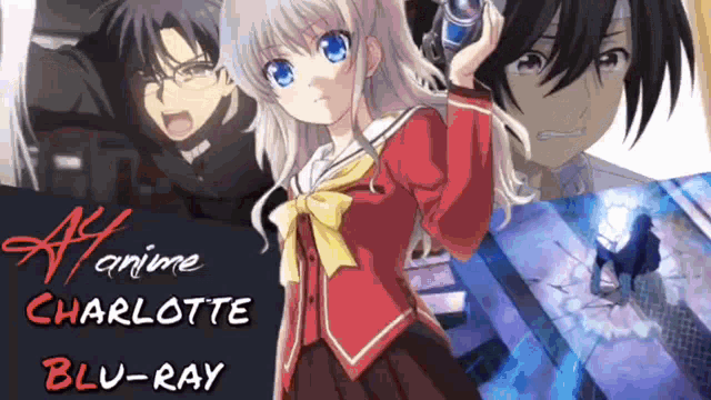 a poster for anime charlotte blu-ray shows a girl in a red jacket