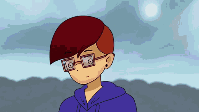 a cartoon drawing of a boy wearing glasses and a blue hoodie