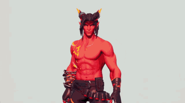 a shirtless red demon with horns and a chain around his arm