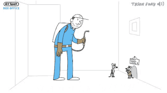 a cartoon of a man holding a hose and the words vacate the building