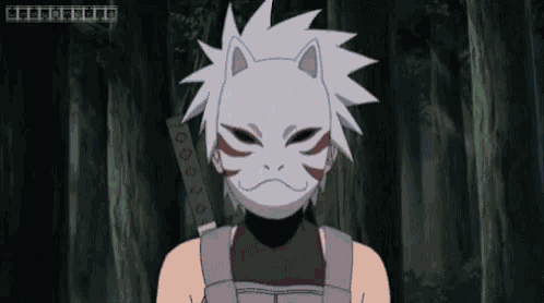 a cartoon character wearing a fox mask and holding a sword .