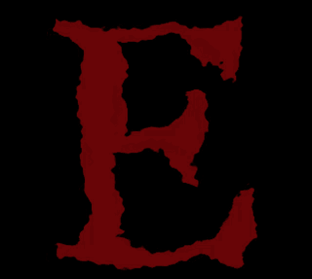 a red letter e is against a black backdrop