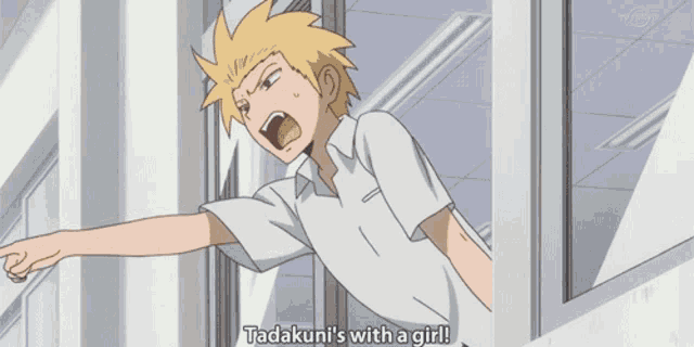 three anime characters are looking out of a window and one of them says what