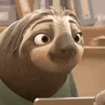 a cartoon sloth is smiling while looking at a tablet computer .