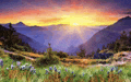 a painting of a sunset over a mountain valley with a field of flowers in the foreground .