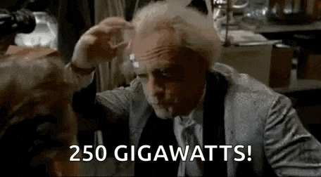 doc brown from back to the future is holding a glass of water in his hand and saying 250 gigawatts .