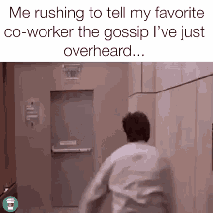 a man is running down a hallway to tell his favorite co-worker the gossip he just overheard .