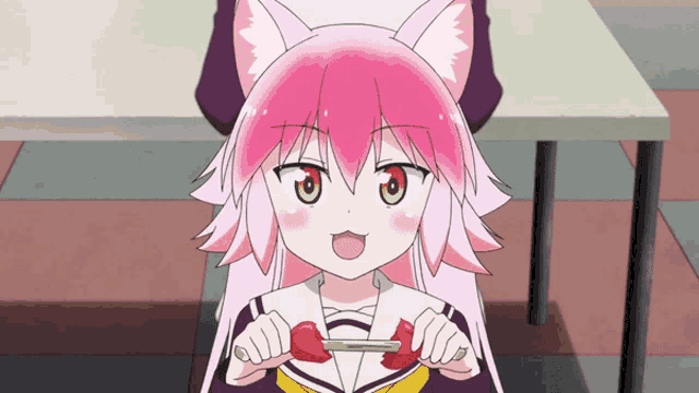 a girl with pink hair is holding a knife and fork in her hands