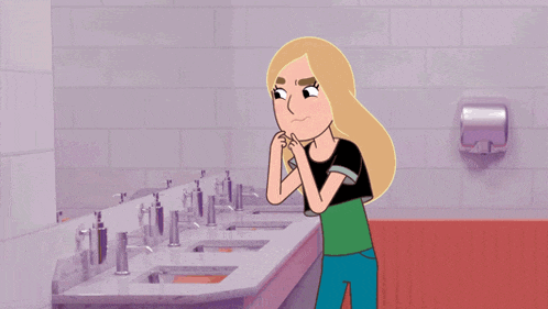 a cartoon of a woman standing in a bathroom looking at her face