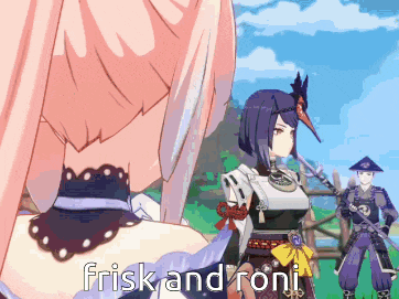 a cartoon character says frisk and roni in front of a man holding a sword