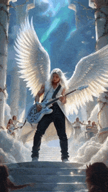a man with angel wings is playing a guitar in front of a crowd