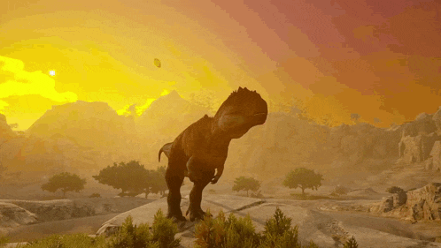 a dinosaur standing on a rock in the desert