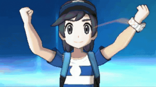 a pixel art of a boy in a blue and white striped shirt and hat raising his fist in the air .