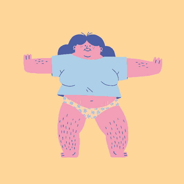 a cartoon drawing of a woman with a polka dot shirt and pink underwear