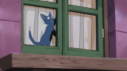 a blue cat is looking out of a window with a green frame .