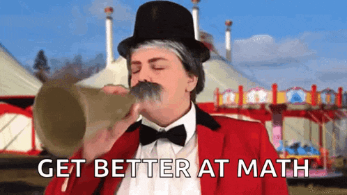 a man in a top hat and bow tie is blowing a trumpet with the words " get better at math " below him